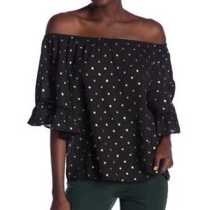NWOT Black Off the shoulder gold polka dot blouse